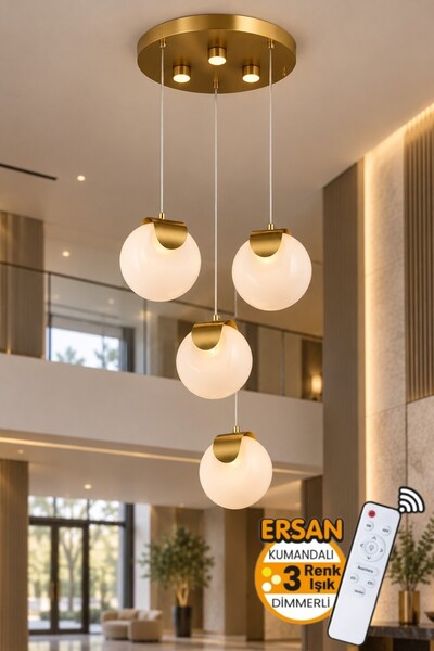 Ersan Avize Luce 4'lü Eskitme Kumandalı Beyaz Cam 3 Renk Işık Özellikli Dimme...