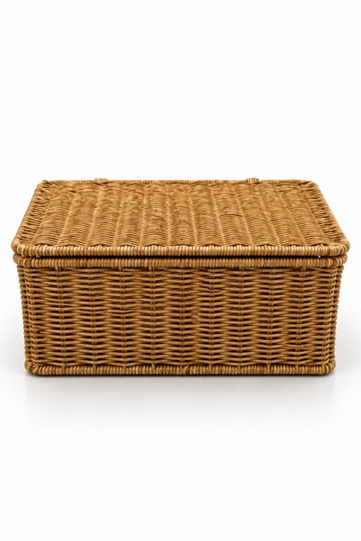 NATUREL DEKOR Rattan Look Rectangular Small Storage Box and Organizer with Handle and Lid 21X31X12 cm - Bohemian