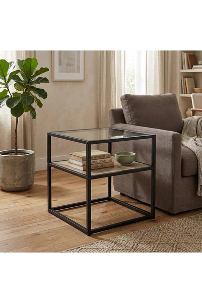 Generic Individual Table with Two-Tier Glass Top - Beige and Black - 55X55X56Cm