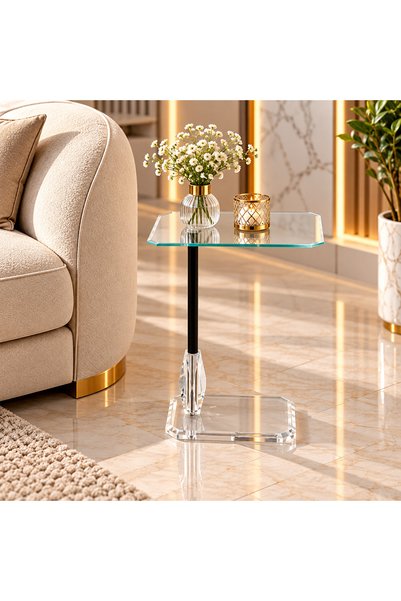 Generic C-Shape Side Guest Table with Glass Top and Crystal Touch Black Pillar (35X25X56 cm) – Modern Flexibility