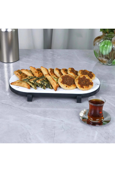 Generic صينية تقديم مسطح رخام بيضاوي بحزام جلد ــ ابيض ــ 40x20x5سم