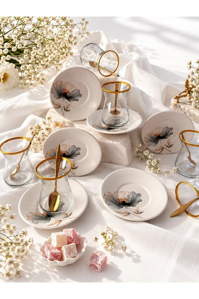Yiğit Seramik Züccaciye Nilüfer Model 6-Person 12-Piece Luxury Tea Set