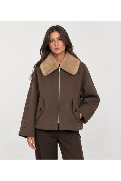 ALPŞAN TİCARET Women's Fur Collared Zippered Coat Oversized Winter Coat with ...