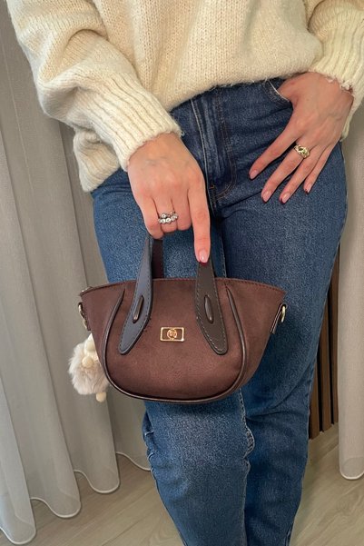 Fibag Women's Brown Suede Bag - Long Strap Hand and Shoulder Bag - with Charm Gift