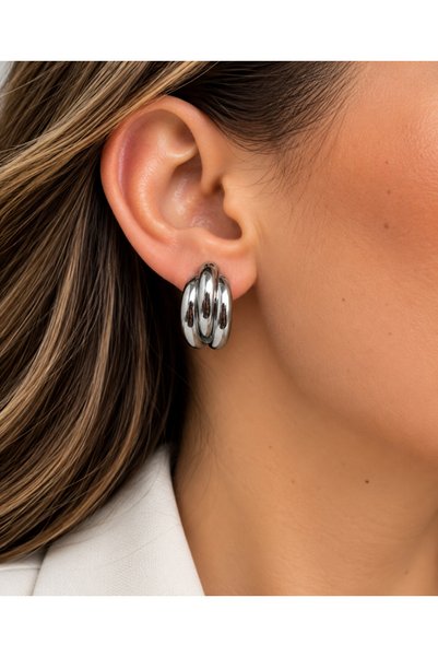 ACAR TAKI Triple Looking Silver Color Bombed Earrings Acr9715