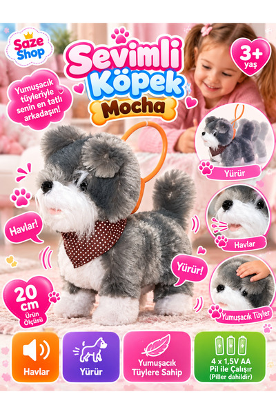 SAZE Yürüyen Havlayan Sevimli Peluş Köpek Mocha 20 cm – Sesli Hareketli Pilli...