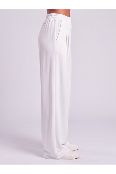 Bold & Young Women's White Modal Fabric Elastic Waist Pleated Front Wide Leg Pants