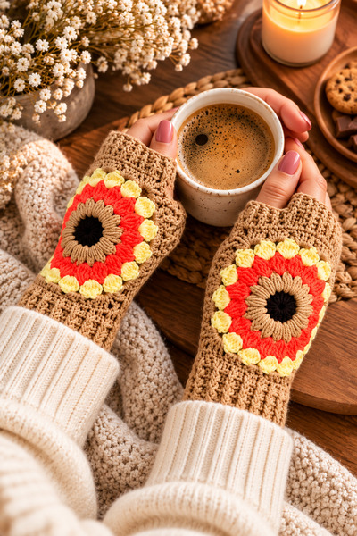 Awesomecrochet Women's Fingerless Knitted Gloves Tan Hand Knitted Winter Warm...
