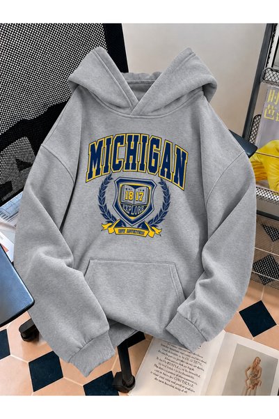 DEEPSENCE Women's Gray Oversize Hooded Sweatshirt Michigan