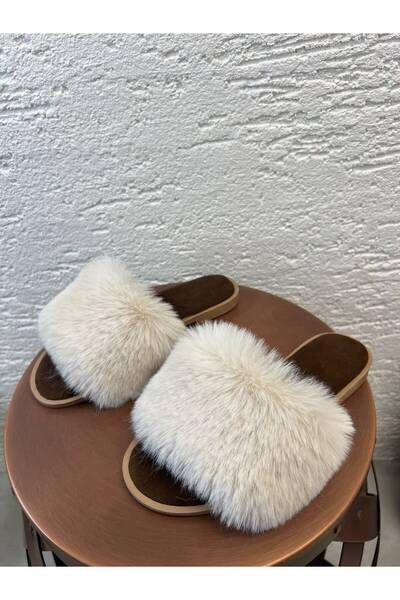 Beyond Kadın Krem Önü Açık Kabarık Tüylü Terlik 1cm BYNDTUY01