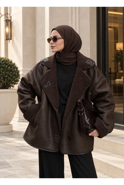 NAYEL Kadın Premium Bronz Süet Dokulu İçi Peluş Oversize ZR Model Mont Ceket