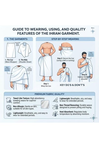 Generic BLACK DIAMOND 9-Piece Hajj & Umrah Travel Kit for Men - Pure Cotton Ihram Towel Set (2 Pcs) with Waterproof Belt, Crossbody Sling Bag, Slippers, Shoe Bag, Neck Pillow, Tasbeeh, Prayer Cards & Pins.