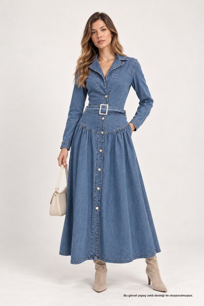 Rhen Store Mavi Belden Oturtmalı Düğmeli Denim Elbise