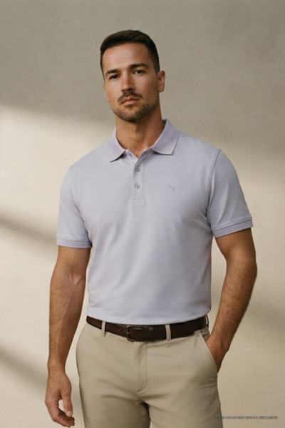 Maccali Tricou liliac pentru bărbați, cu emblemă, cu guler polo, model de bază