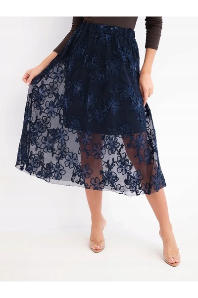 Kesi Fustă midi din tul brodată floral, evazată, bleumarin
