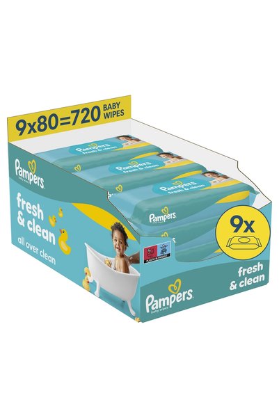 Pampers Șervețele umede pentru bebeluși Fresh Clean Baby, 9 pachete x 80 bucăți
