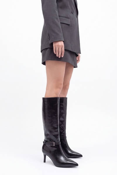 LuviShoes Tilda Black Leather Belted Women's Thin Heeled Boots