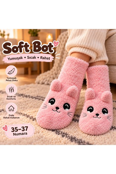 Soft Bot Kadın Peluş Ev Botu Çorabı – Yumuşak, Sıcak, Rahat, Sevimli Hayvan Figürlü, Pembe 35-37 Numara