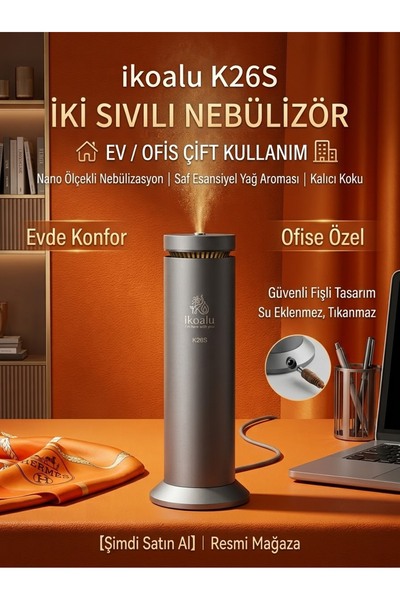 ikoalu K26S, uzun süre kalıcı koku sağlayan, yağ bazlı (sadece markamızın uçucu yağlarıyla uyumlu) bir aromaterapi difüzörüdür. Aromaları çok iyi yayar ve ev ve ofis kullanımı için uygundur.