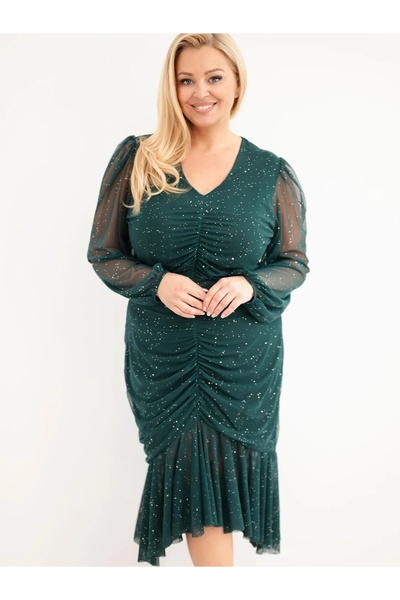 Kesi Rochie midi plisată mărimi mari cu mâneci din tul cu sclipici, verde