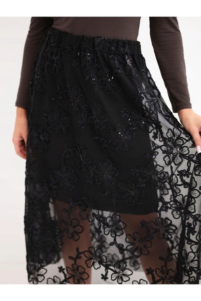 Kesi Fustă midi din tul, brodată floral, evazată, cu talie elastică, neagră