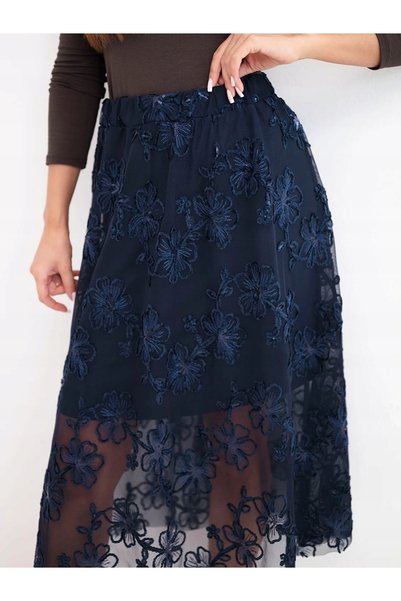 Kesi Fustă midi din tul brodată floral, evazată, bleumarin