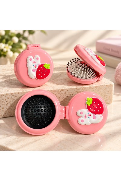 MAISON GLOWEN Katlanabilir Cep Boy Saç Fırçası Tavşan ve Çilek Desenli Sevimli Mini Tarak