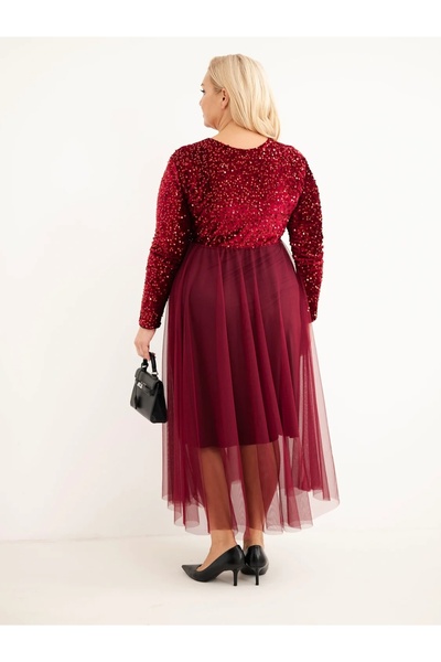Kesi Rochie Maxi cu Paiete, Mărimi Mari, de Seară, din Tul, cu Mâneci Lungi, Culoare Prună