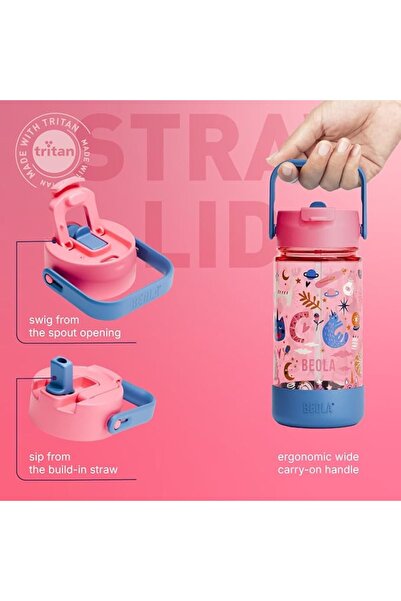 BEOLA 500ml Kids Water Bottle with Straw Lid and Silicone Protective Boot, Tritan Plastic, BPA BPS F