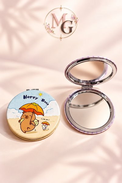 MAISON GLOWEN Happy Bara Sevimli Kapibara Desenli Katlanabilir Metal Makyaj ve Plaj Aynası