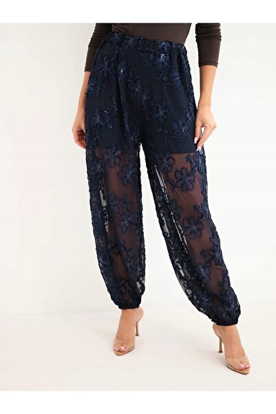 Kesi Pantaloni de damă aladynki cu flori brodate, cu manșete, bleumarin