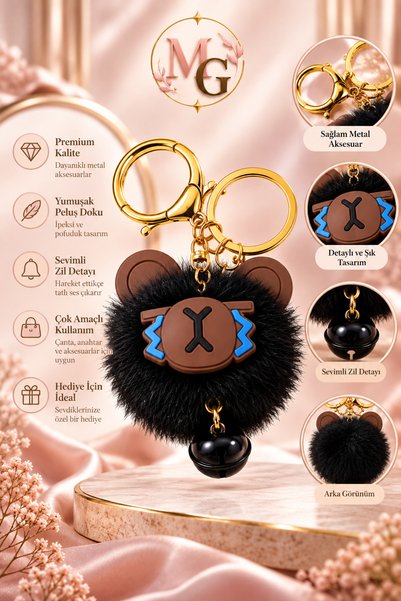 MAISON GLOWEN Peluş Ayıcık Figürlü Ponpon Anahtarlık Zilli Gold Metal Halkalı Çanta ve Anahtar Aksesuarı