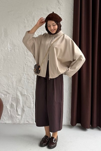 Modaensarbutik Gizli Fermuarlı Pile Detaylı Bomber Ceket-TAŞ