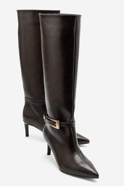 LuviShoes Tilda Brown Leather Belted Women's Thin Heeled Boots