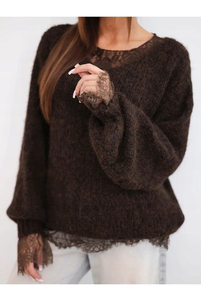 Kesi Pulover de damă, bluză din dantelă 2 în 1, cu lână, lejer, cu mânecă lungă, maro