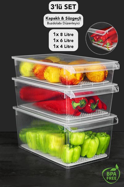 Meleni Home Set de 3 organizatoare pentru frigider cu capac și sită - Organiz...