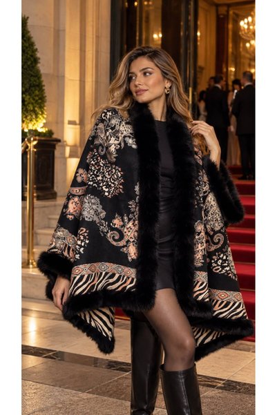 FELLMENS Black Premium Faux Fur Shawl Patterned Woven Women's Poncho