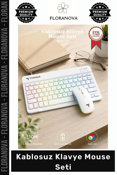 Floranova Özel Tasarım Şarjlı RGB Işıklı Sessiz Şık Kablosuz Klavye Mouse Seti TMK09 Beyaz Ürün Ev Bilgisayar