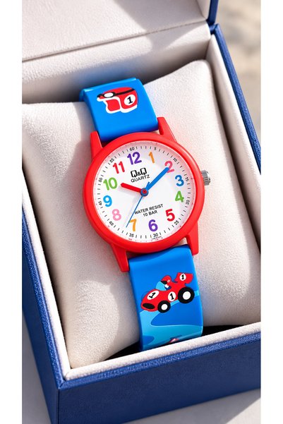 Q&Q Car Patterned-10 Atm Pool Sea Use-Dark Blue Silicone Cord Numbered Children's Wristwatch+Bracelet