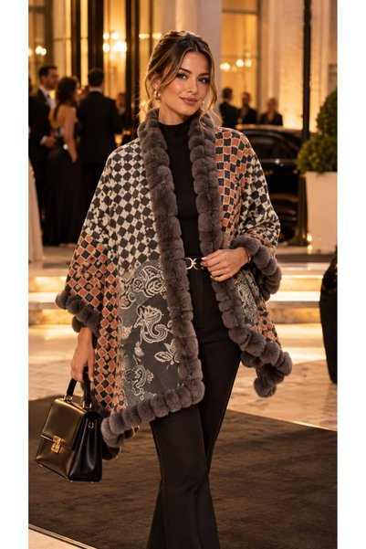 FELLMENS Tile Premium Faux Fur Multi-Pattern Woven Women's Poncho