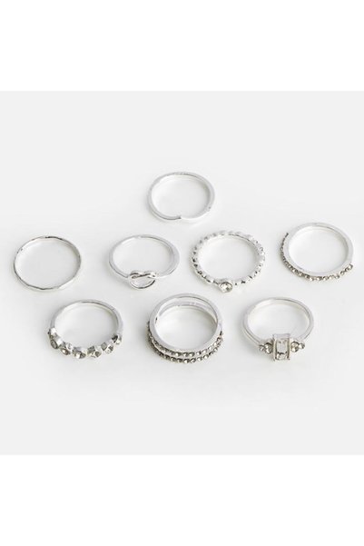 SHOPIENS Inele de culoare argintie cu strasuri pentru dama set 8 bucati Shopi...