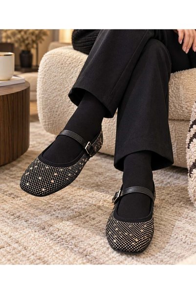 AYAKCİTY Women's Stone Detailed Stylish Flexible Comfortable Buckle Ballerinas