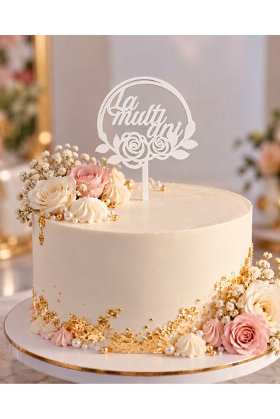 Bello Carino High quality decoration products Topper pentru Tort „La Mulți Ani”, Model Floral cu Trandafiri, Lemn MDF, Alb, 11 x 15 cm, Decor Aniversare