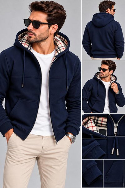 AVORA Erkek Fermuarlı Kapüşonlu Sweatshirt Ekose Kapüşon İçi Detaylı Ribanalı Spor Üst