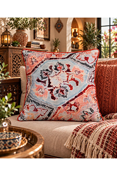 nunuteks evinizi renklendirin Vintage Ethnic Patterned Throw Pillow Cover – Bohemian Throw Pillow with Decorative Piping in Tile, Blue, and Burgundy Tones