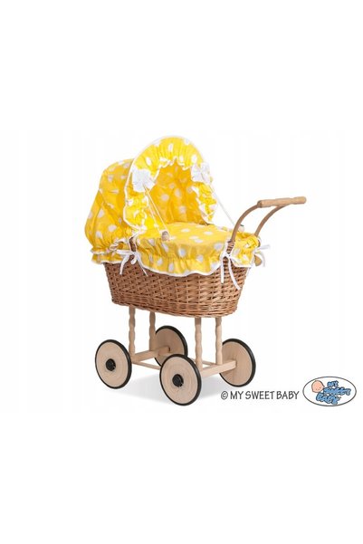 My Sweet Baby Cărucior de păpuși din răchită înalt cu lenjerie și căptușeală ...