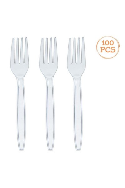 SHOPIENS Set 100 bucati furculite reutilizabile din plastic transparent 15.8 ...