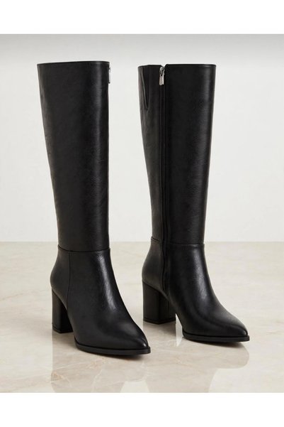 Solediya Women's Heeled Long Boots Women's Black Zippered Below the Knee Leng...