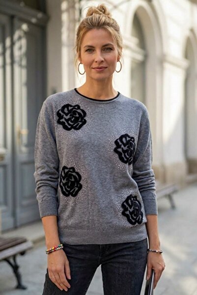 Chiccy Pulover casual din tricot, gri melanj, cu guler tip bicicletă, mânecă ...
