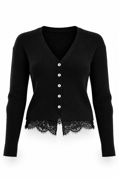 5in1Canpolat Black Cardigan with Lace Hem 2748